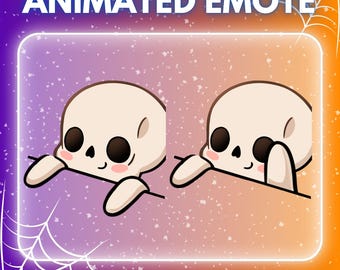 May include: Animated emote featuring two cartoon skulls with black eyes and rosy cheeks. The skulls are set against a gradient background of purple, orange, and white, with the text "ANIMATED EMOTE" at the top and "INSTANT DOWNLOAD" at the bottom.