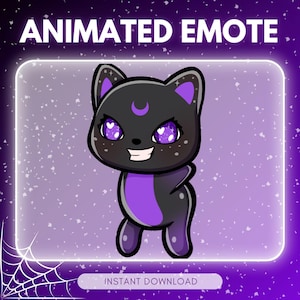 May include: An animated emote featuring a black cat with purple details, a crescent moon, and sparkling purple eyes. The text "ANIMATED EMOTE" is at the top, and "INSTANT DOWNLOAD" is at the bottom, on a purple background.