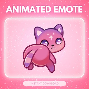 May include: A pink animated emote of a cat with a galaxy-themed head and heart-shaped eyes. The cat is facing away, with its rear end towards the viewer. The text "ANIMATED EMOTE" is at the top, and "INSTANT DOWNLOAD" is at the bottom.