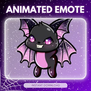 Puede incluir: Emoticón animado con un murciélago de dibujos animados con cuerpo negro, detalles rosas y ojos grandes con pupilas en forma de corazón. El murciélago tiene alas rosas y moradas con detalles de estrellas. El texto en la parte superior dice "ANIMATED EMOTE" y en la parte inferior "INSTANT DOWNLOAD".