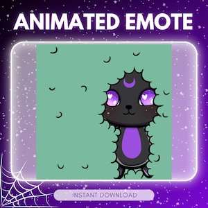 May include: Animated emote featuring a black cat-like creature with purple eyes and accents, including a crescent moon on its head. The background is a light green with black crescent shapes. Text at the top reads "ANIMATED EMOTE" and at the bottom "INSTANT DOWNLOAD".