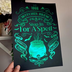 Foil Stop In For A Spell Art Print, Foil Handmade Print, A5 Size or A4 Size Unframed Print, Witchy Wall Art, Gothic Print Poster Sign