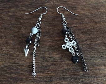 Simple black chalcedony  asymmetrical earrings