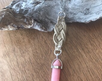 Infinity knot necklace  beige faux suede nature celtic pendant crystal point unique necklace pink jade oddly glam