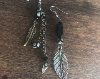 Asymmetrical silver bronze and black nature lover boho  earrings, oddly glam feather charms agate earrings