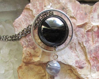 Black Obsidian Crystal Ball Satellite Ring Pendant Necklace