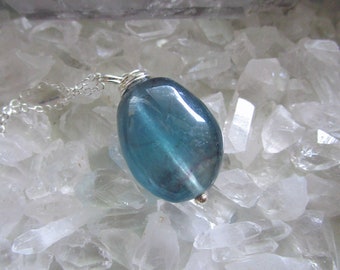 Rainbow Fluorite Natual Blue Gemstone Crystal Necklace Pendant