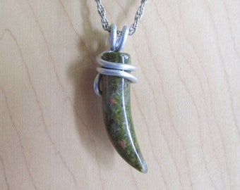 Natural Unakite Stone Horn Wire Wrapped Pendant Necklace