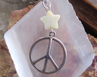 Peace Symbol Mother of Pearl Star Pendant Necklace