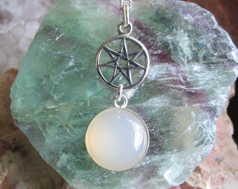 Ivory Moonstone Natural Gemstone Sterling Silver Septagram Pendant Necklace