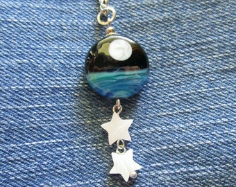 Full Moon Seascape Lampwork Bead Mother of Pearl Stars Pendant Necklace