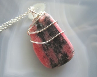 Pink and Black Rhodonite Natural Crystal Gemstone Pendant Necklace