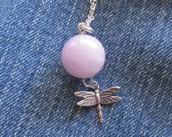 Lilac Pink Kunzite Crystal Ball Silver Dragonfly Pendant Necklace