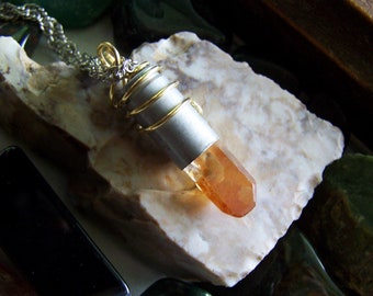 Natural Tangerine Quartz Crystal Wire Wrapped Bullet Pendant Necklace