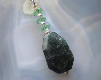 Fossil Coral Stone with Green Faceted Quartz Beads Pendant Necklace