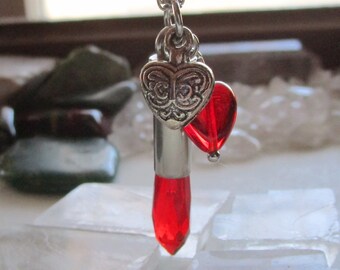 Ruby Red Crystal Heart Silver Bullet Pendant Necklace