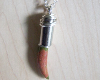 Natural Carved Unakite Horn Wire Wrapped Silver Bullet Jewelry Pendant Necklace