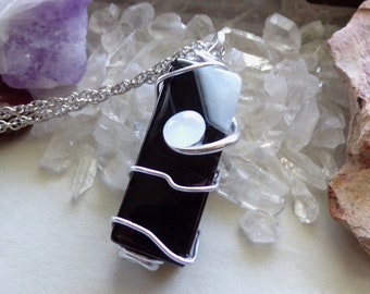 Black and White Agate Druzy Moonstone Pendant Necklace