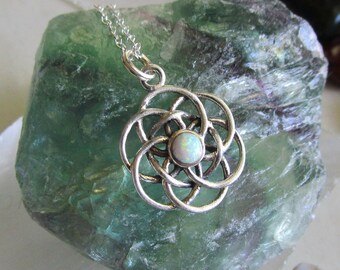 Natural Opal Gemstone Sterling Silver Celtic Knot Pendant Necklace