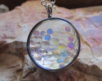 Iridescent Fairy Orbs Double Sided Glass Bubble Locket Necklace