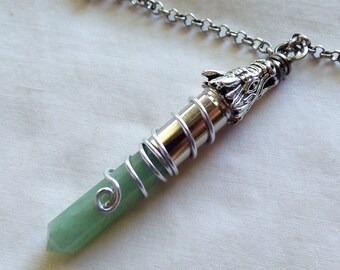 Dragon's Head Silver Bullet Green Aventurine Pendant Necklace