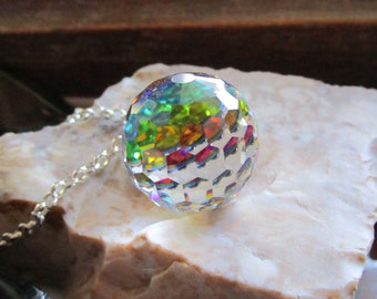 Rainbow Faceted Disco Crystal Ball 18mm Vintage Pendant Necklace