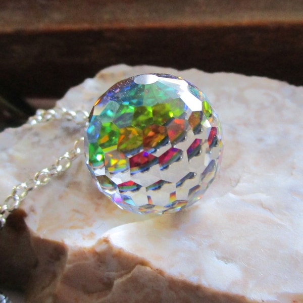 Rainbow Faceted Disco Crystal Ball 18mm Vintage Pendant Necklace