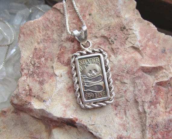 Solid .999 Silver Bar Panda Bear Pendant Necklace - image 2