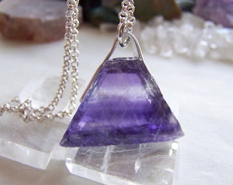 Purple Banded Fluorite Triangle Natural Raw Crystal Pendant Necklace