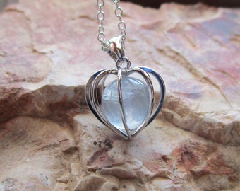 Silver Heart Cage Blue Fluorite Crystal Sphere Pendant Necklace