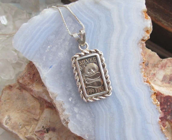 Solid .999 Silver Bar Panda Bear Pendant Necklace - image 1