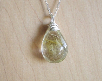 Natural Gold Rutilated Quartz Crystal Pendant Necklace
