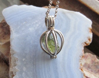 Moldavite Natural Crystal Sterling Silver Cage Pendant Necklace