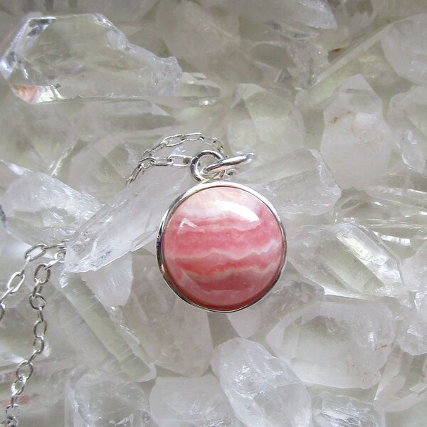 Natural Pink Lace Rhodochrosite Crystal Gemstone Silver Pendant Necklace