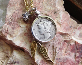 Antique Silver Mercury Dime Vintage Pendant Necklace