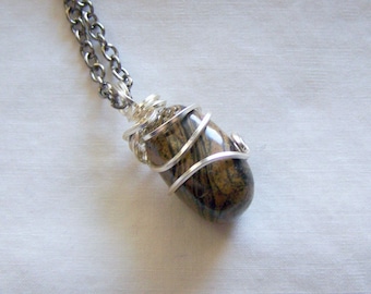 Natural Stromatolite Fossil Stone Wire Wrapped Pendant Necklace