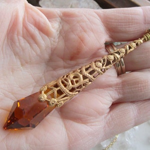 Vintage Gold Celtic Filigree and Gold Crystal Prism Pendant Necklace