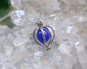 Blue Onyx Gemstone Sphere Silver Cage Pendant Necklace
