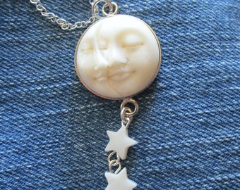 Sun and Moon Face Carved Natural Bone MOP Stars Pendant Necklace