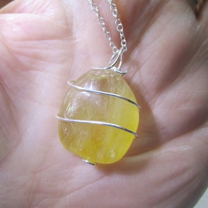 Natural Golden Yellow Fluorite Wire Wrapped Gemstone Pendant Necklace