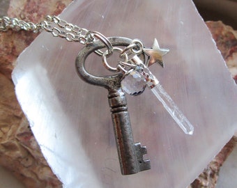 Antique Skeleton Key Quartz Crystal Point Pendant Necklace