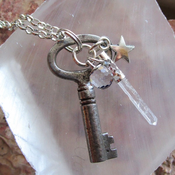 Antique Skeleton Key Quartz Crystal Point Pendant Necklace