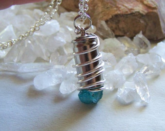 Teal Blue Apatite Raw Crystal Silver Bullet Jewelry Pendant Necklace
