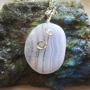 Blue Lace Agate Polished Natural Gemstone Pendant Necklace