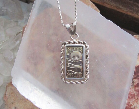 Solid .999 Silver Bar Panda Bear Pendant Necklace - image 5