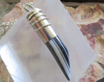 Black and White Striped Onyx Horn Bullet Jewelry Pendant Necklace