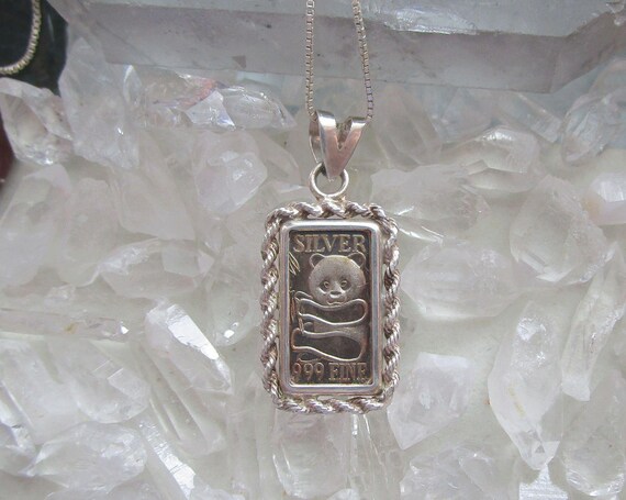 Solid .999 Silver Bar Panda Bear Pendant Necklace - image 3