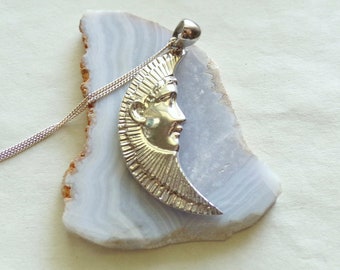 Vintage Peter Stone Silver Sun Moon Face Pendant Necklace