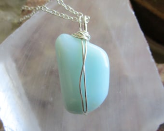 Peruvian Blue Opal Natural Polished Gemstone Pendant Necklace