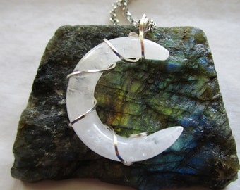 Natural Quartz Wire Wrapped Crystal Moon Pendant Necklace